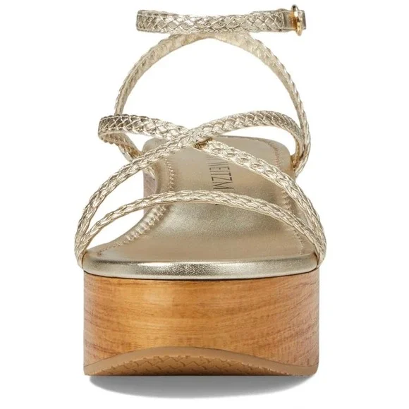 Stuart Weitzman Wovette Gold‎ Metallic Leather Woven Wedge Braided Sandal Heel 9